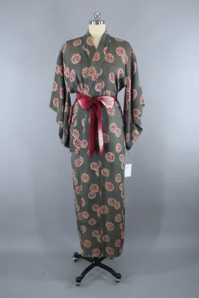 1930s Vintage Silk Kimono Robe / Grey & Red Medallions