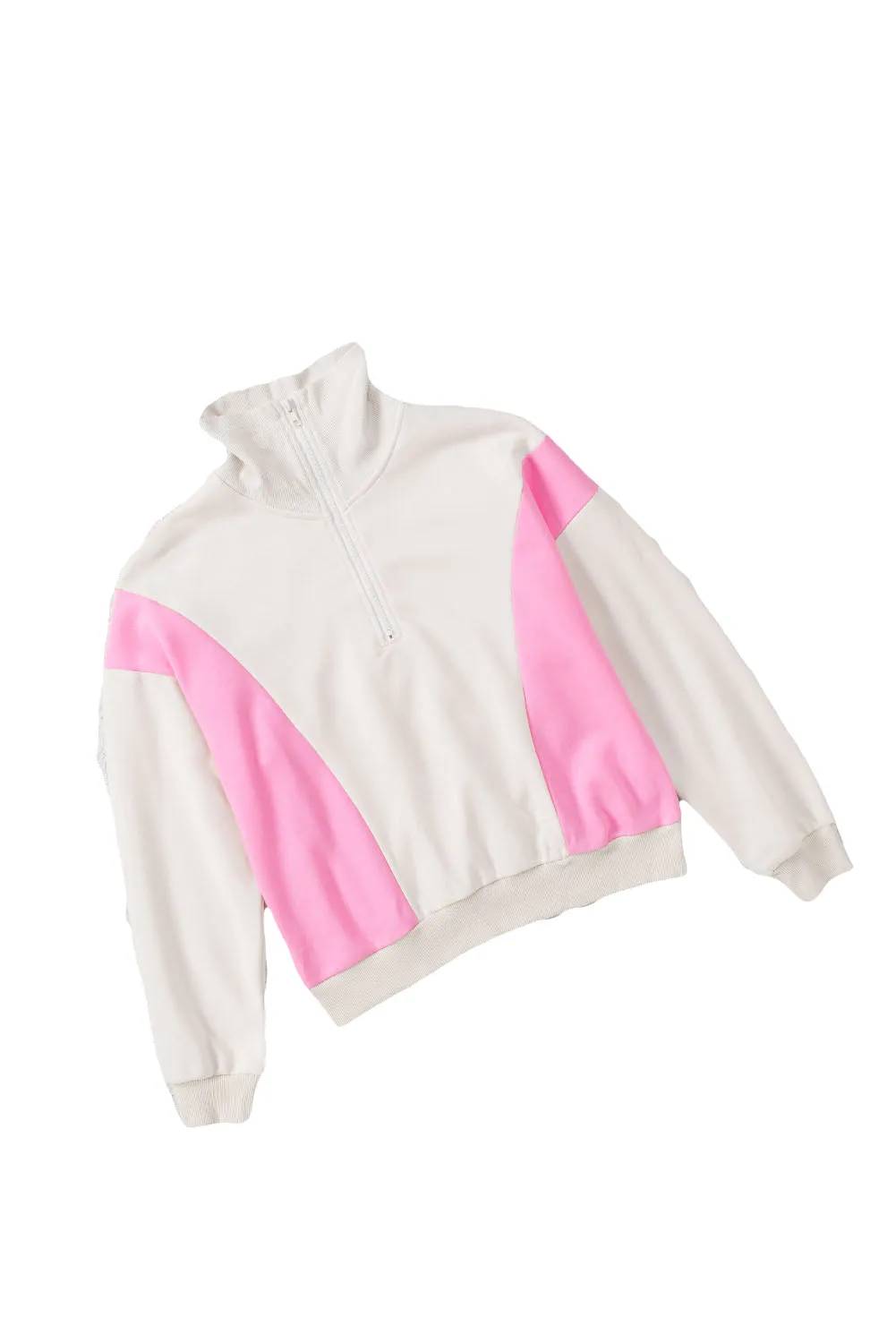 Beige Zipped Turn-Down Collar Colorblock Drop Shoulder Sweatshirt