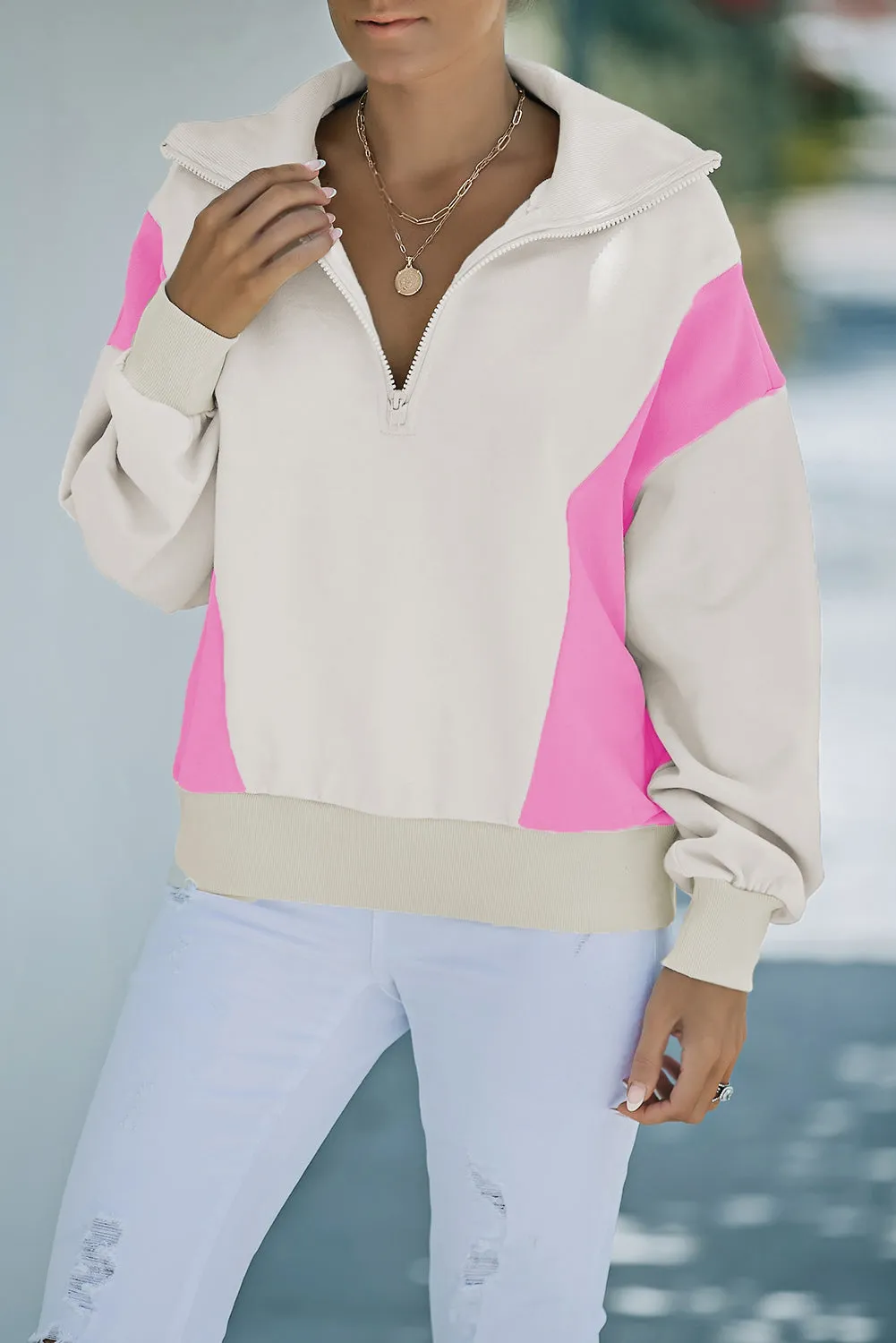 Beige Zipped Turn-Down Collar Colorblock Drop Shoulder Sweatshirt