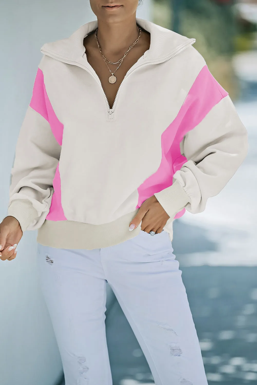 Beige Zipped Turn-Down Collar Colorblock Drop Shoulder Sweatshirt