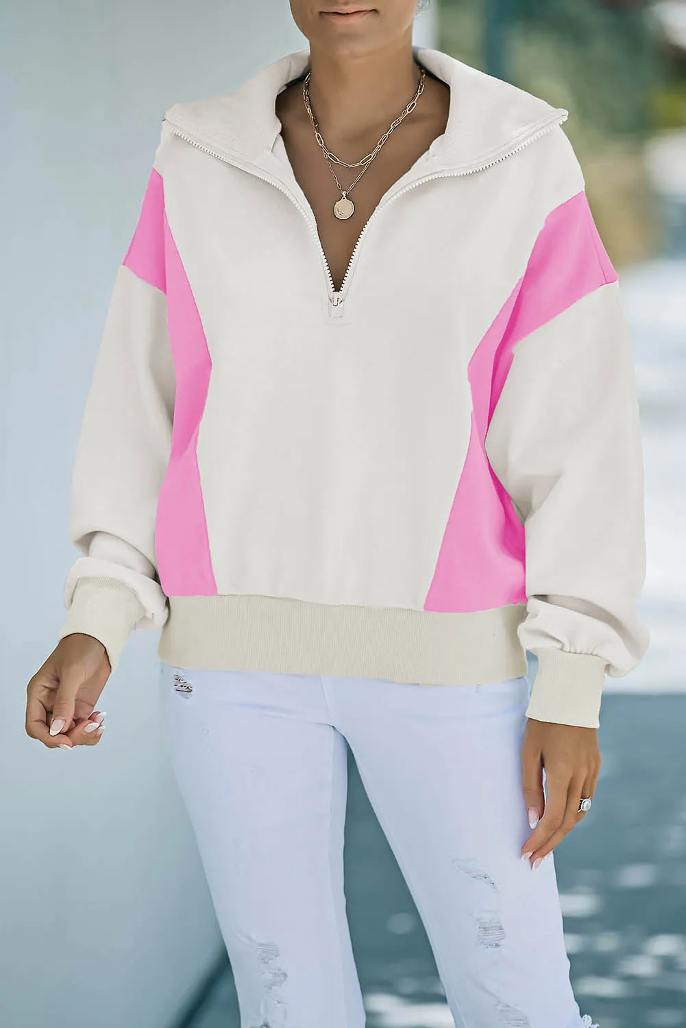 Beige Zipped Turn-Down Collar Colorblock Drop Shoulder Sweatshirt