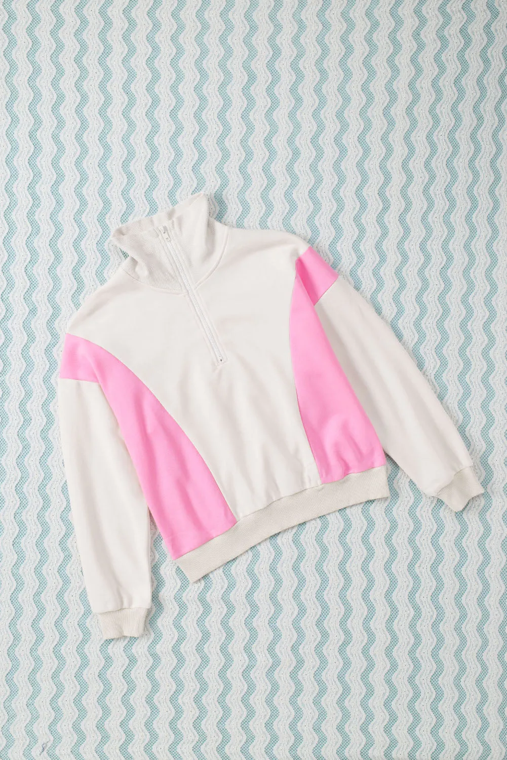 Beige Zipped Turn-Down Collar Colorblock Drop Shoulder Sweatshirt