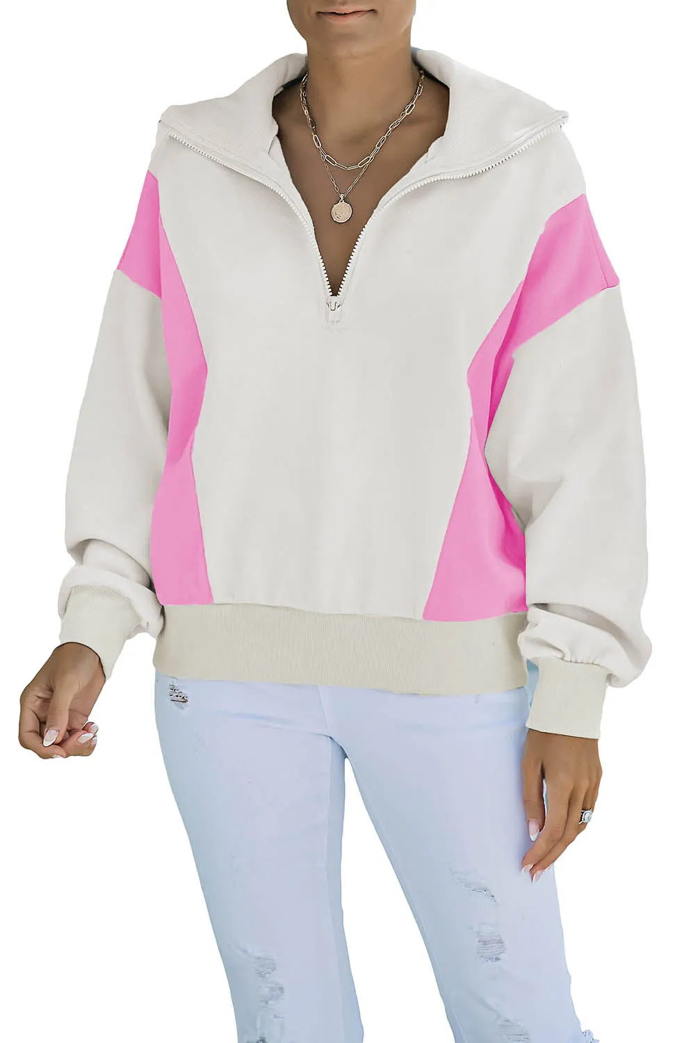 Beige Zipped Turn-Down Collar Colorblock Drop Shoulder Sweatshirt