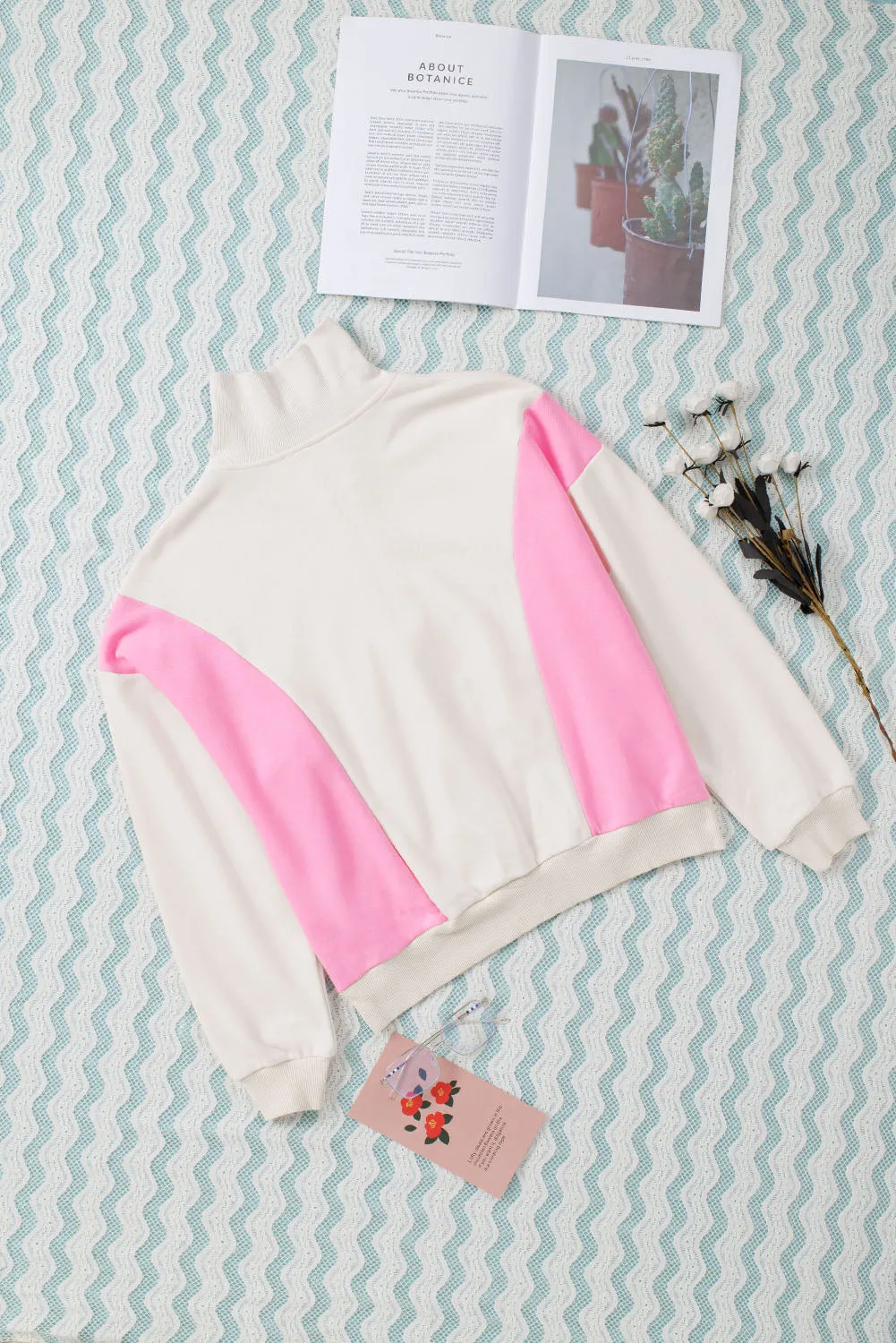 Beige Zipped Turn-Down Collar Colorblock Drop Shoulder Sweatshirt