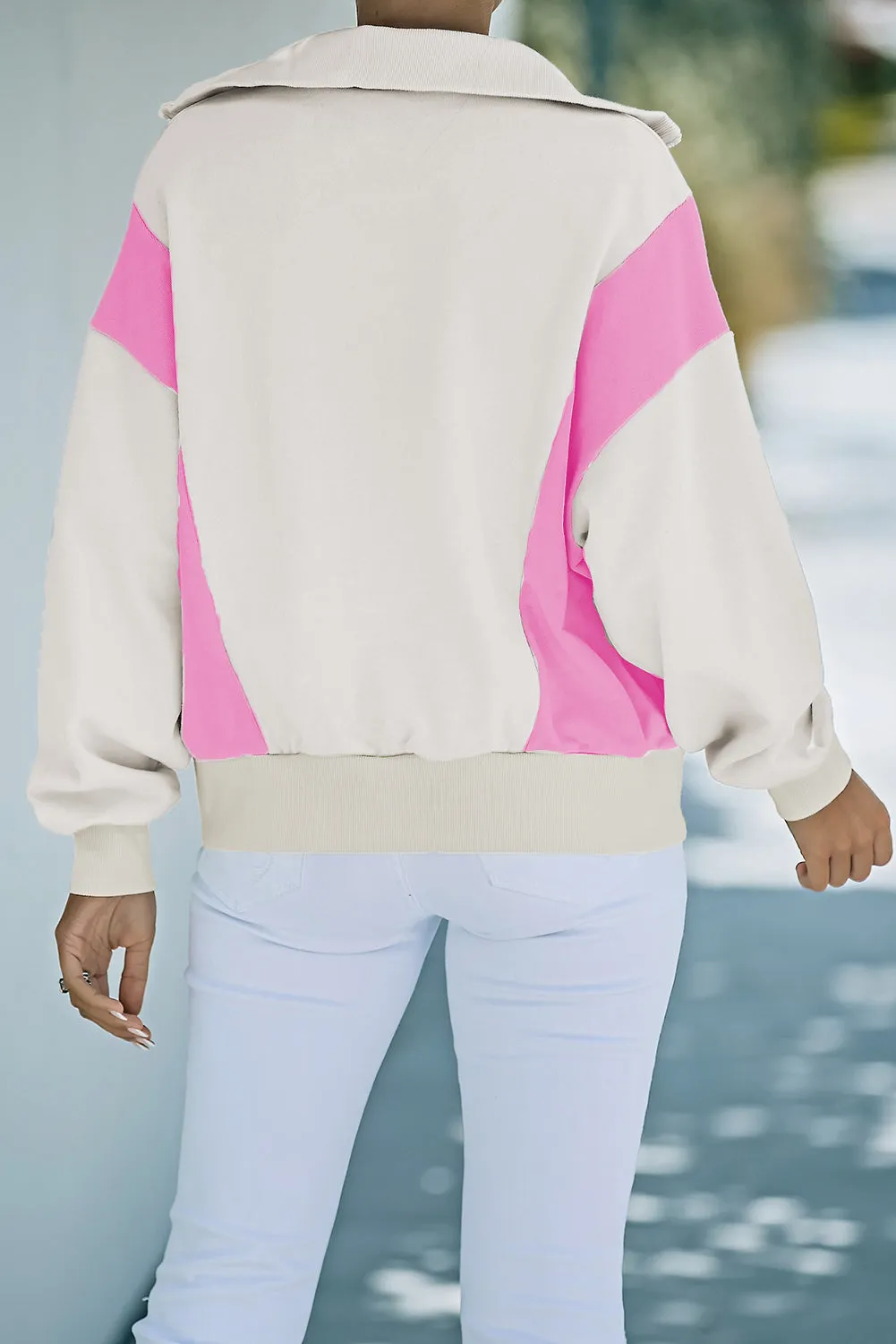 Beige Zipped Turn-Down Collar Colorblock Drop Shoulder Sweatshirt