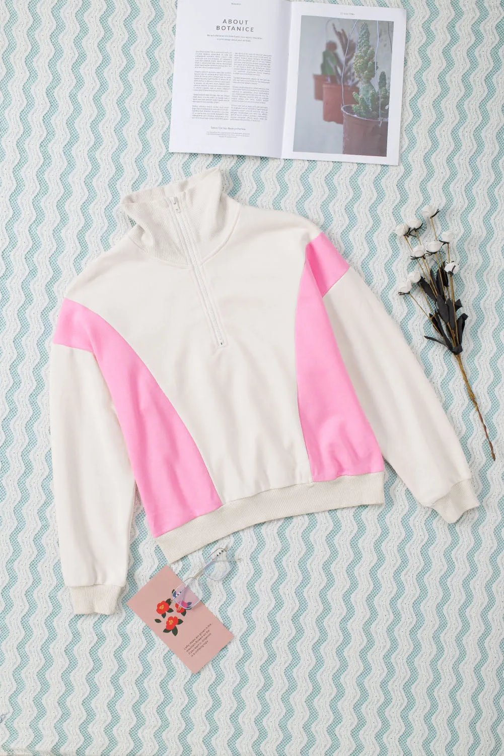 Beige Zipped Turn-Down Collar Colorblock Drop Shoulder Sweatshirt