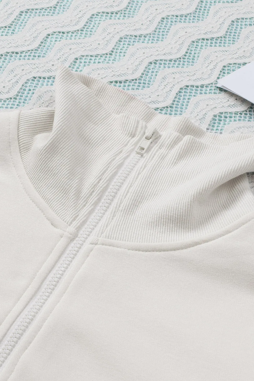 Beige Zipped Turn-Down Collar Colorblock Drop Shoulder Sweatshirt