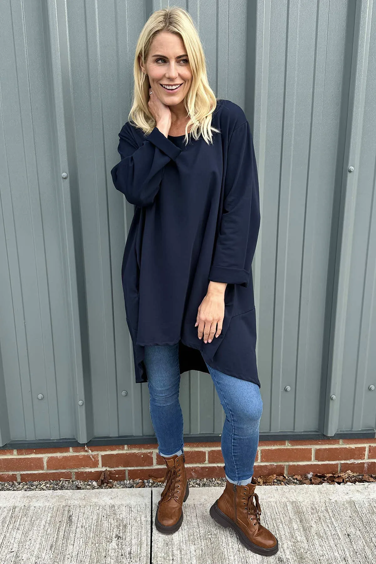 Binky Dipped Hem Cotton Tunic Navy