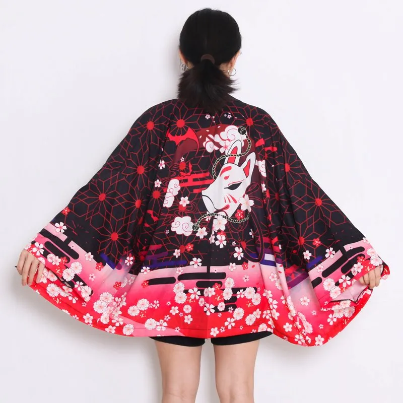 Black Red Japanese Fox Mask Half-sleeve Cardigan Womens Kimonos