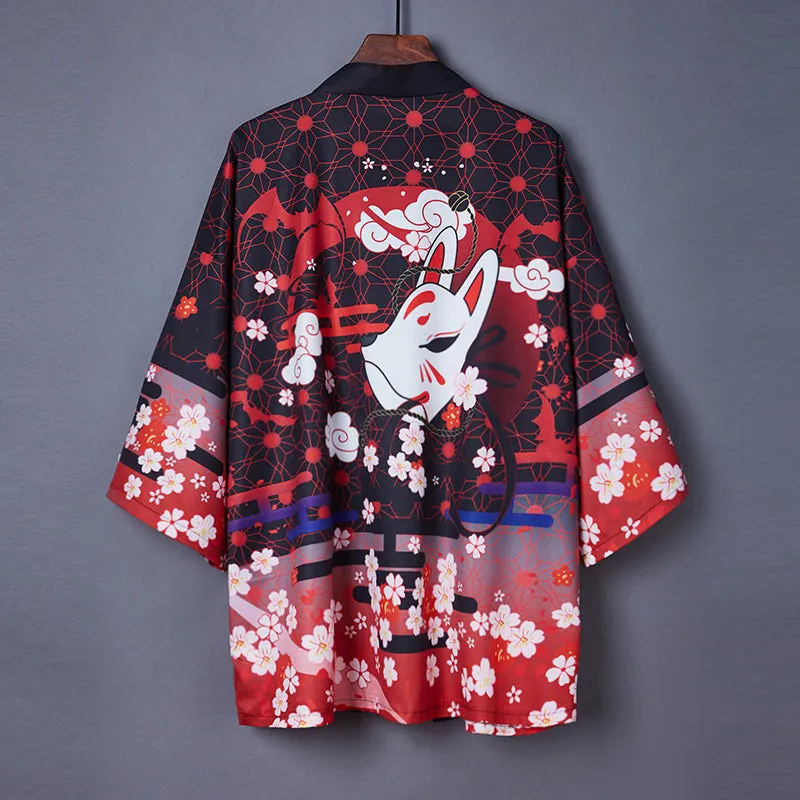 Black Red Japanese Fox Mask Half-sleeve Cardigan Womens Kimonos