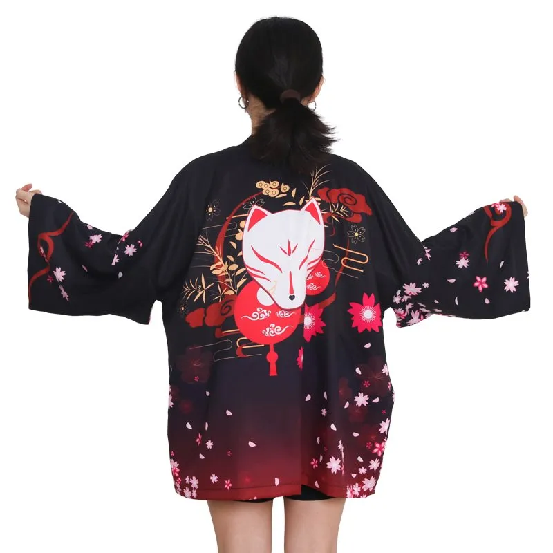 Black Red Japanese Fox Mask Half-sleeve Cardigan Womens Kimonos
