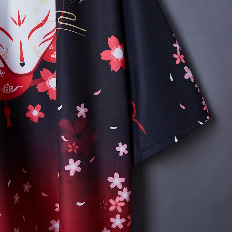 Black Red Japanese Fox Mask Half-sleeve Cardigan Womens Kimonos