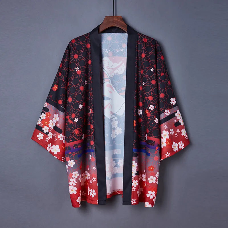 Black Red Japanese Fox Mask Half-sleeve Cardigan Womens Kimonos