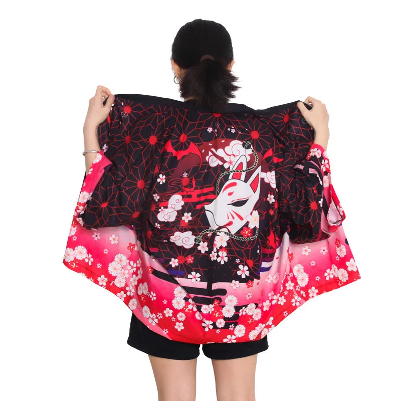 Black Red Japanese Fox Mask Half-sleeve Cardigan Womens Kimonos