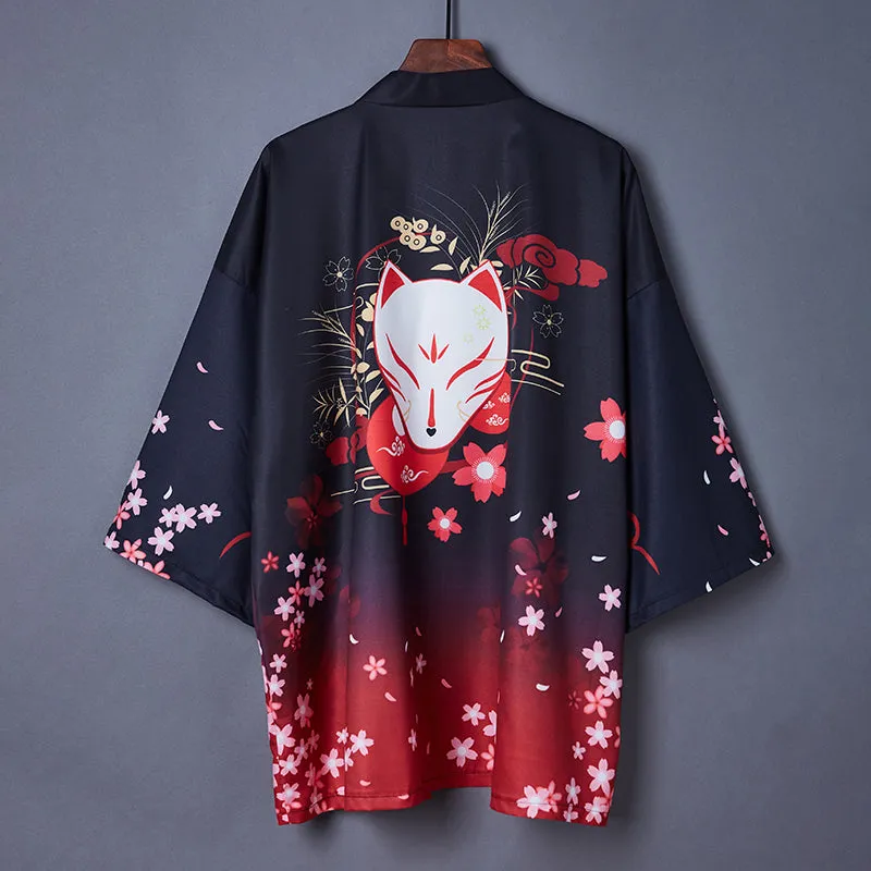 Black Red Japanese Fox Mask Half-sleeve Cardigan Womens Kimonos
