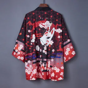 Black Red Japanese Fox Mask Half-sleeve Cardigan Womens Kimonos