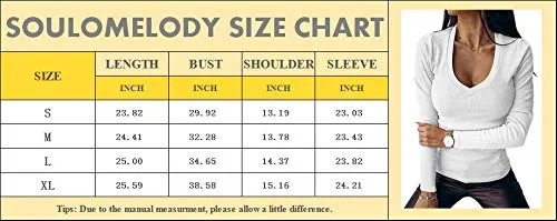 Black Women Casual Deep V Neck Shirts Long Sleeve Ribbed Slim Solid Tunics Basic Tee Shirts Tops - Soulomelody