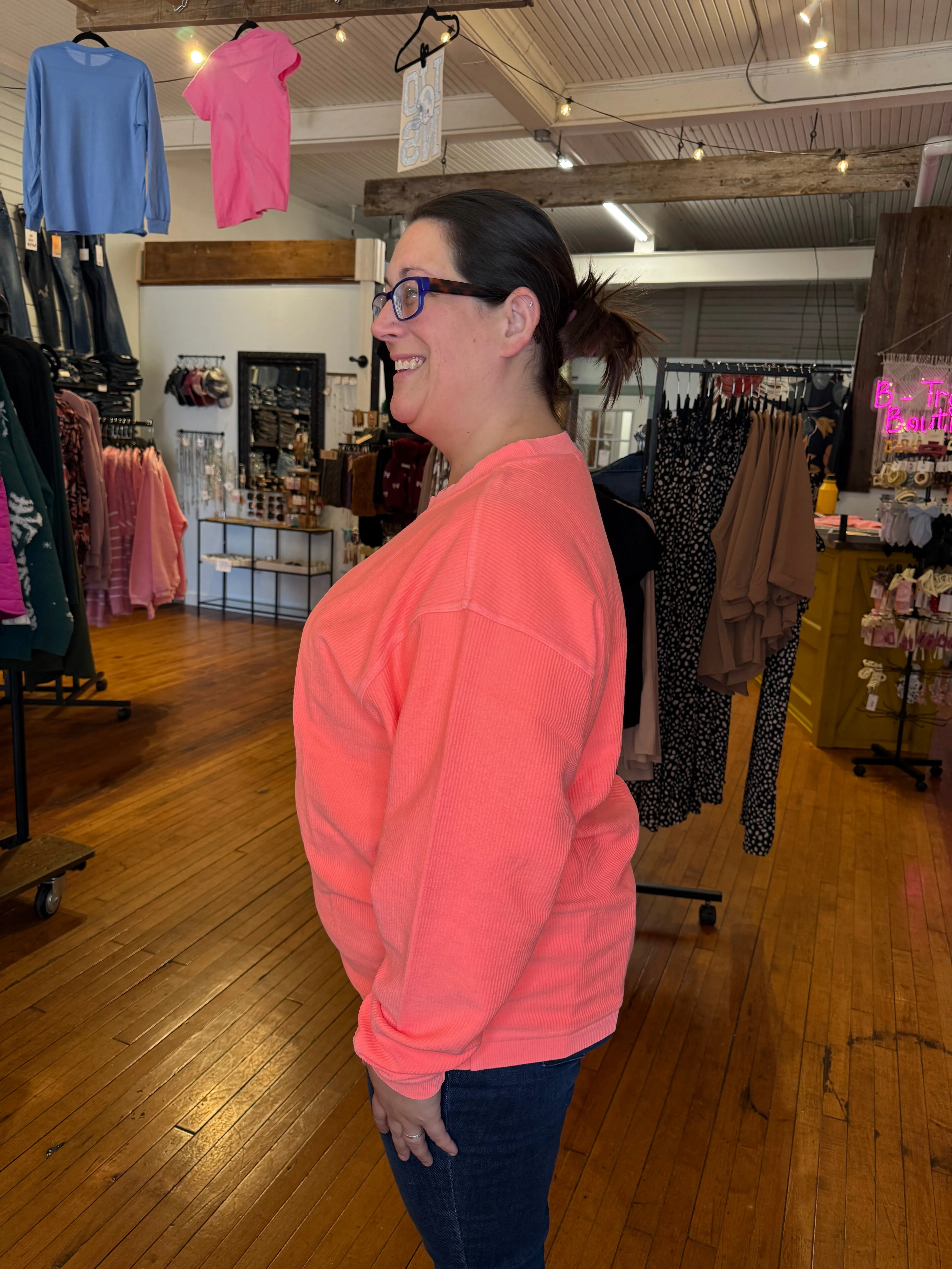 CELIA CORDED CREW SWEATSHIRT - NEON CORAL