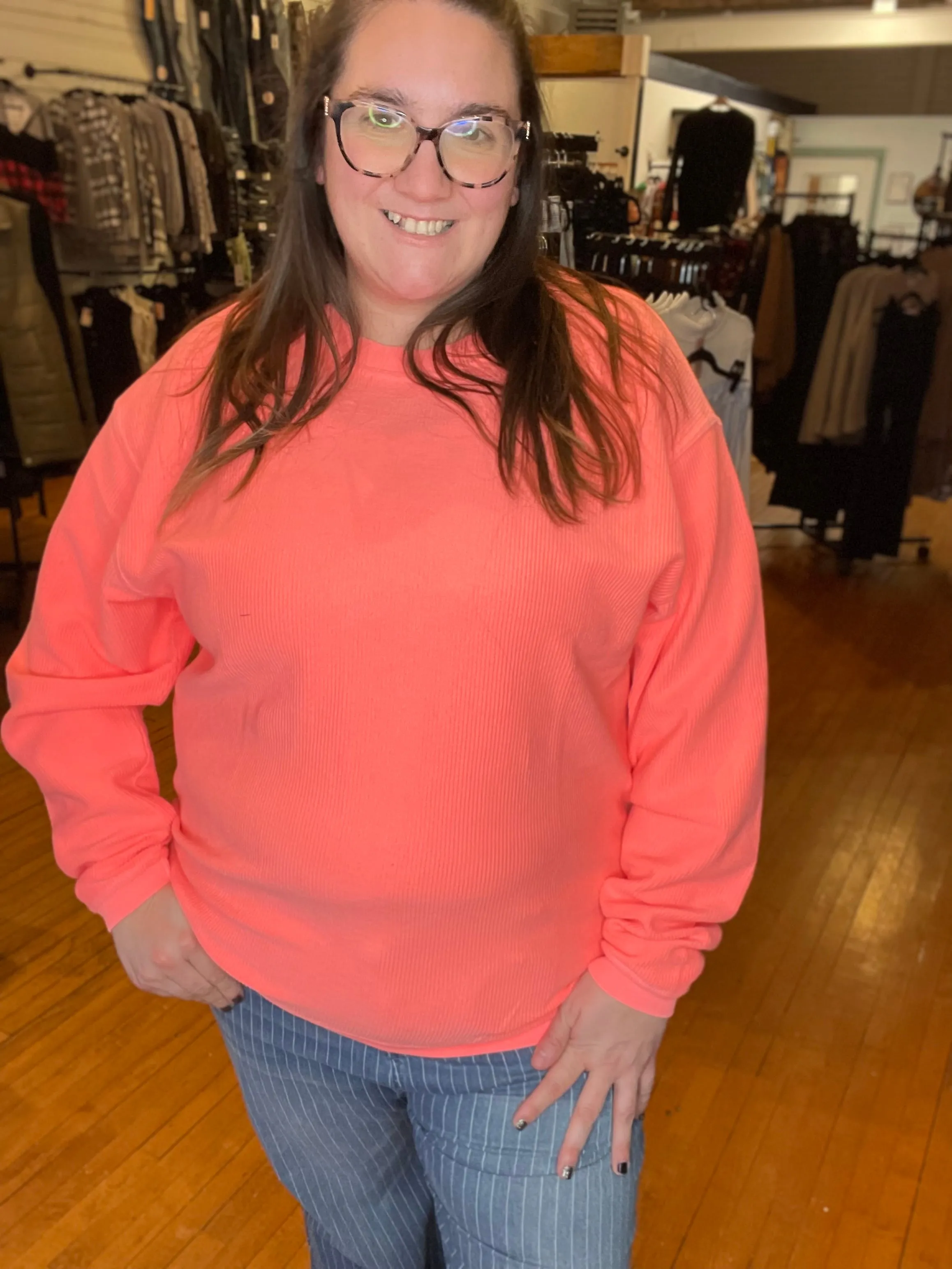 CELIA CORDED CREW SWEATSHIRT - NEON CORAL