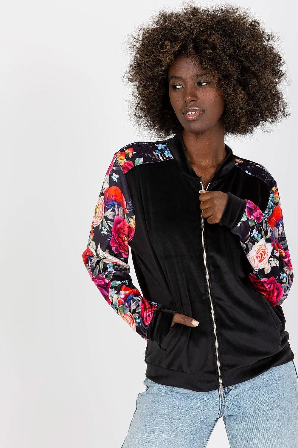 Chic Floral Velour Bomber Jacket