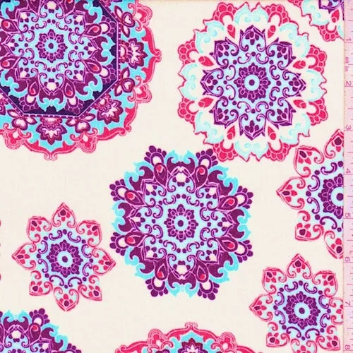 Cream/Turquoise/Red Mandala Crepon Fabric