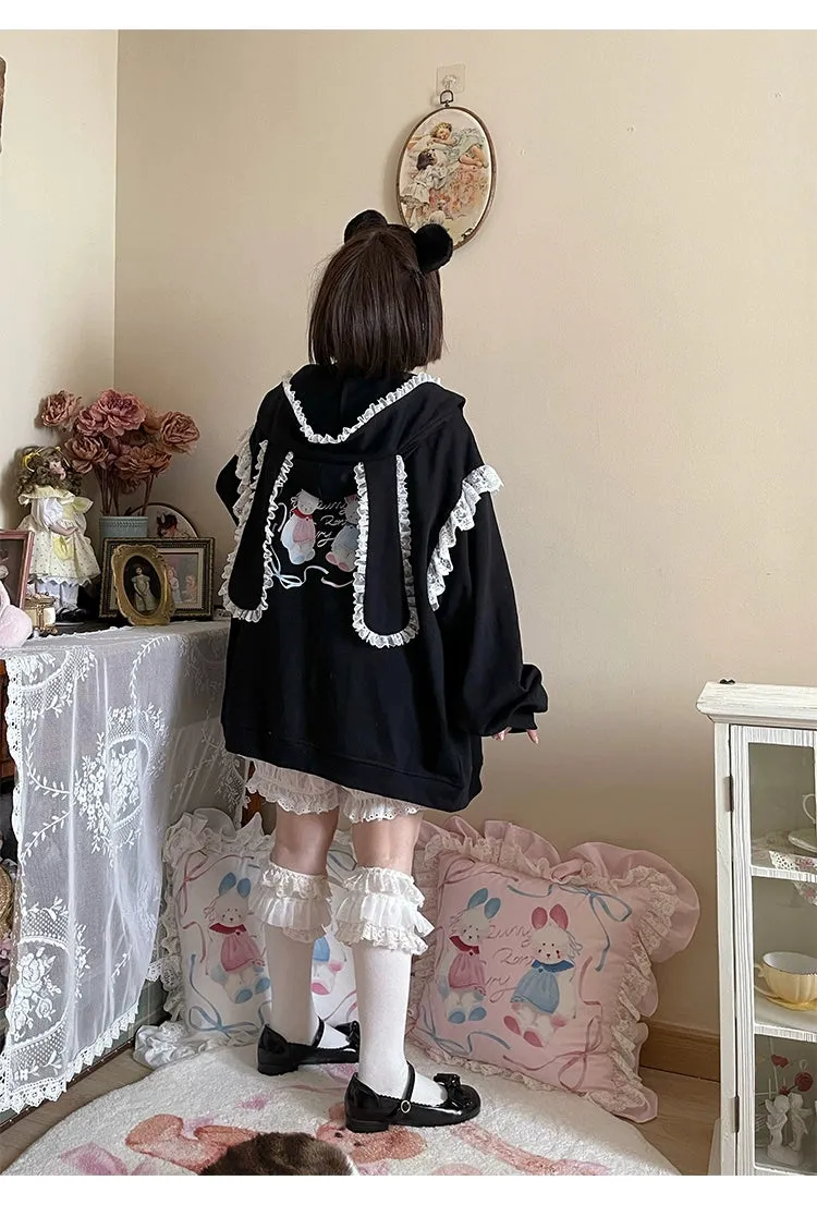 Fairy Kei Bunny Ears Hoodie Lace Coat Multicolor