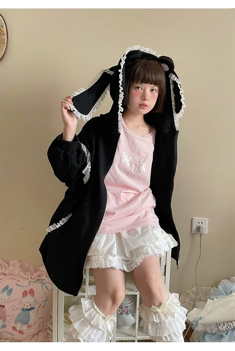 Fairy Kei Bunny Ears Hoodie Lace Coat Multicolor