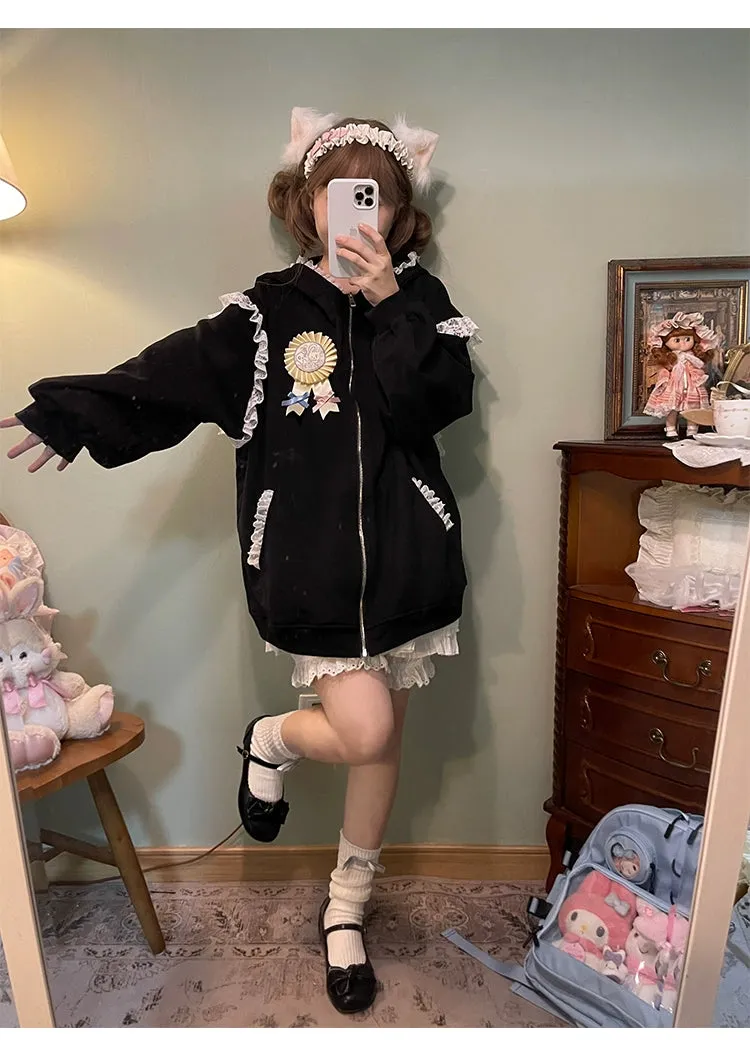 Fairy Kei Bunny Ears Hoodie Lace Coat Multicolor