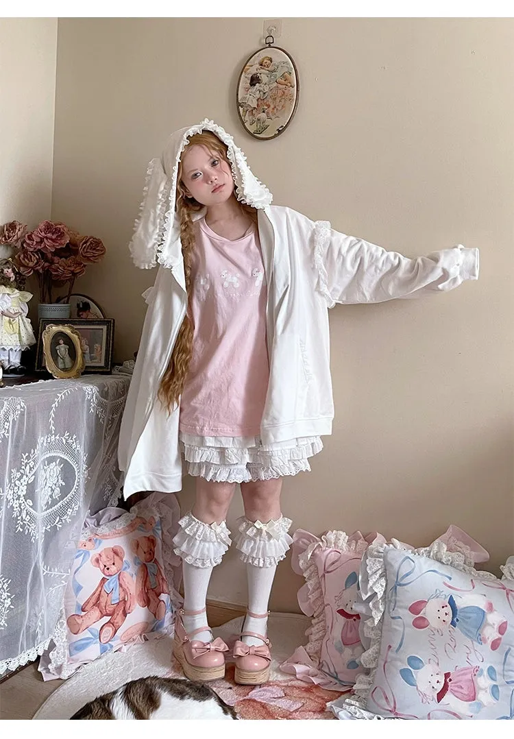 Fairy Kei Bunny Ears Hoodie Lace Coat Multicolor