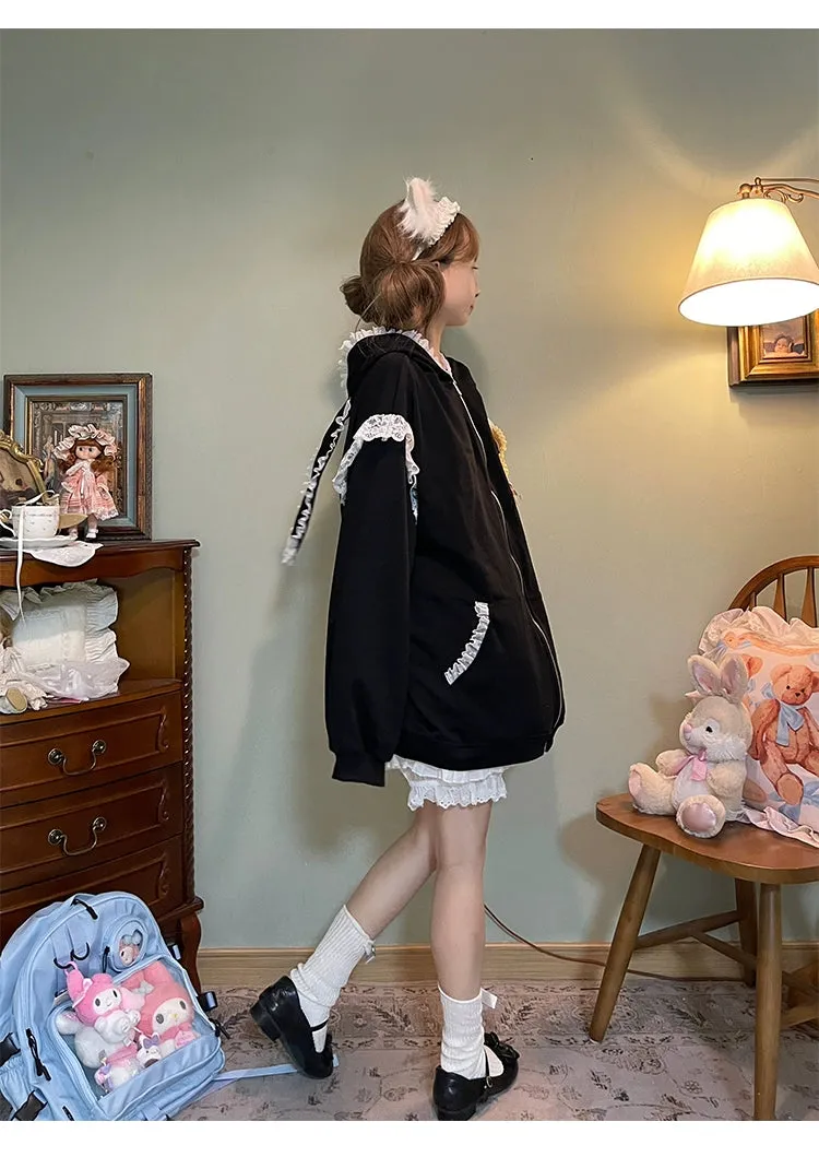 Fairy Kei Bunny Ears Hoodie Lace Coat Multicolor