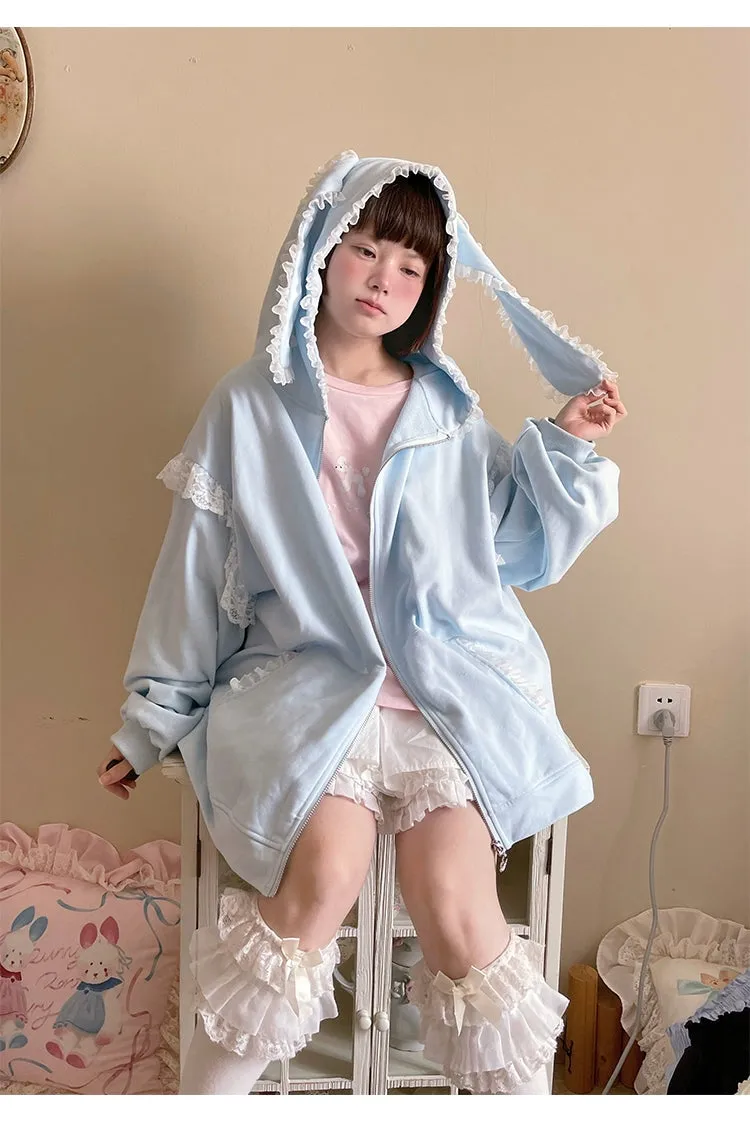 Fairy Kei Bunny Ears Hoodie Lace Coat Multicolor