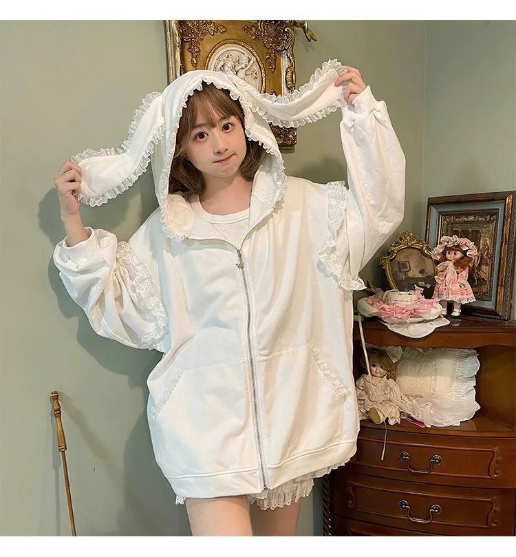 Fairy Kei Bunny Ears Hoodie Lace Coat Multicolor