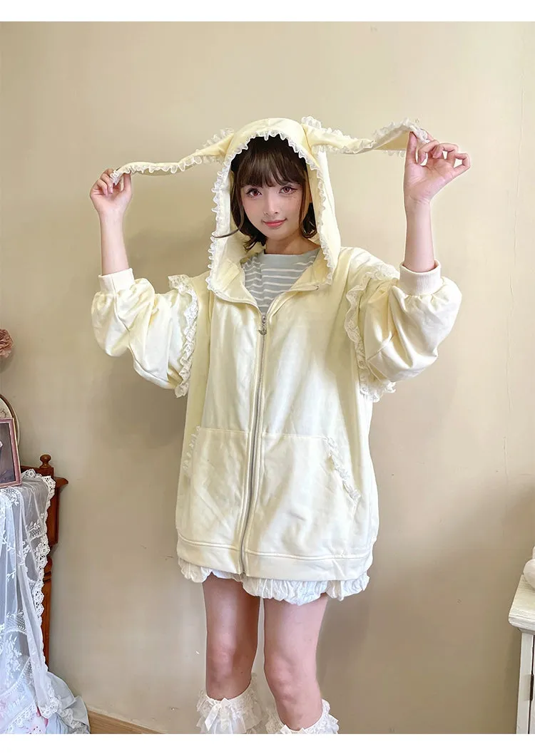 Fairy Kei Bunny Ears Hoodie Lace Coat Multicolor