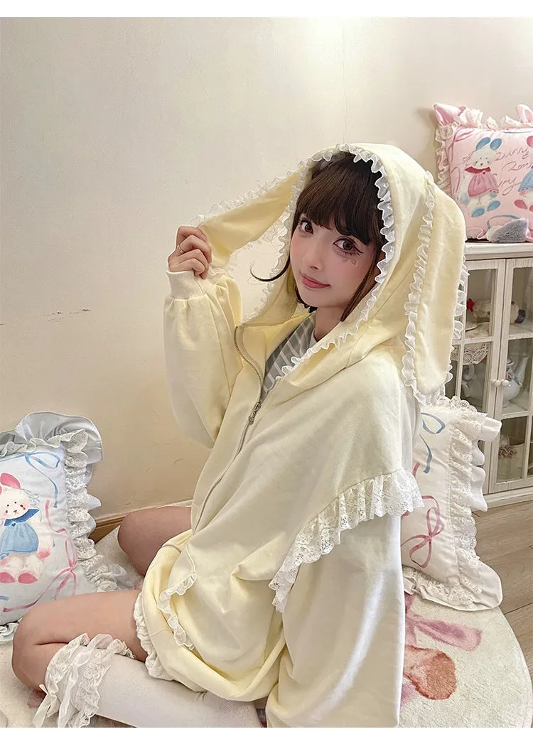 Fairy Kei Bunny Ears Hoodie Lace Coat Multicolor