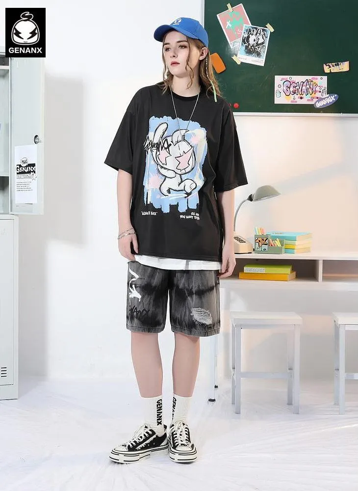 Hand-Painted Cartoon Letter Paint Print T-Shirt