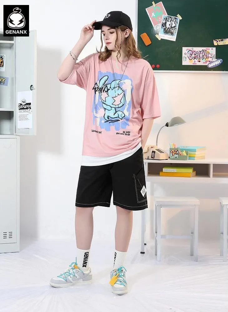Hand-Painted Cartoon Letter Paint Print T-Shirt