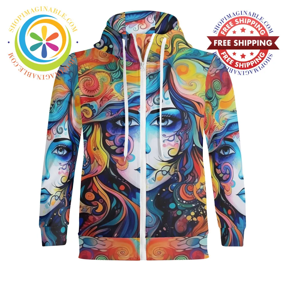 Hippy Psychedelic Full Zip Turtleneck Hoodie Streetwear