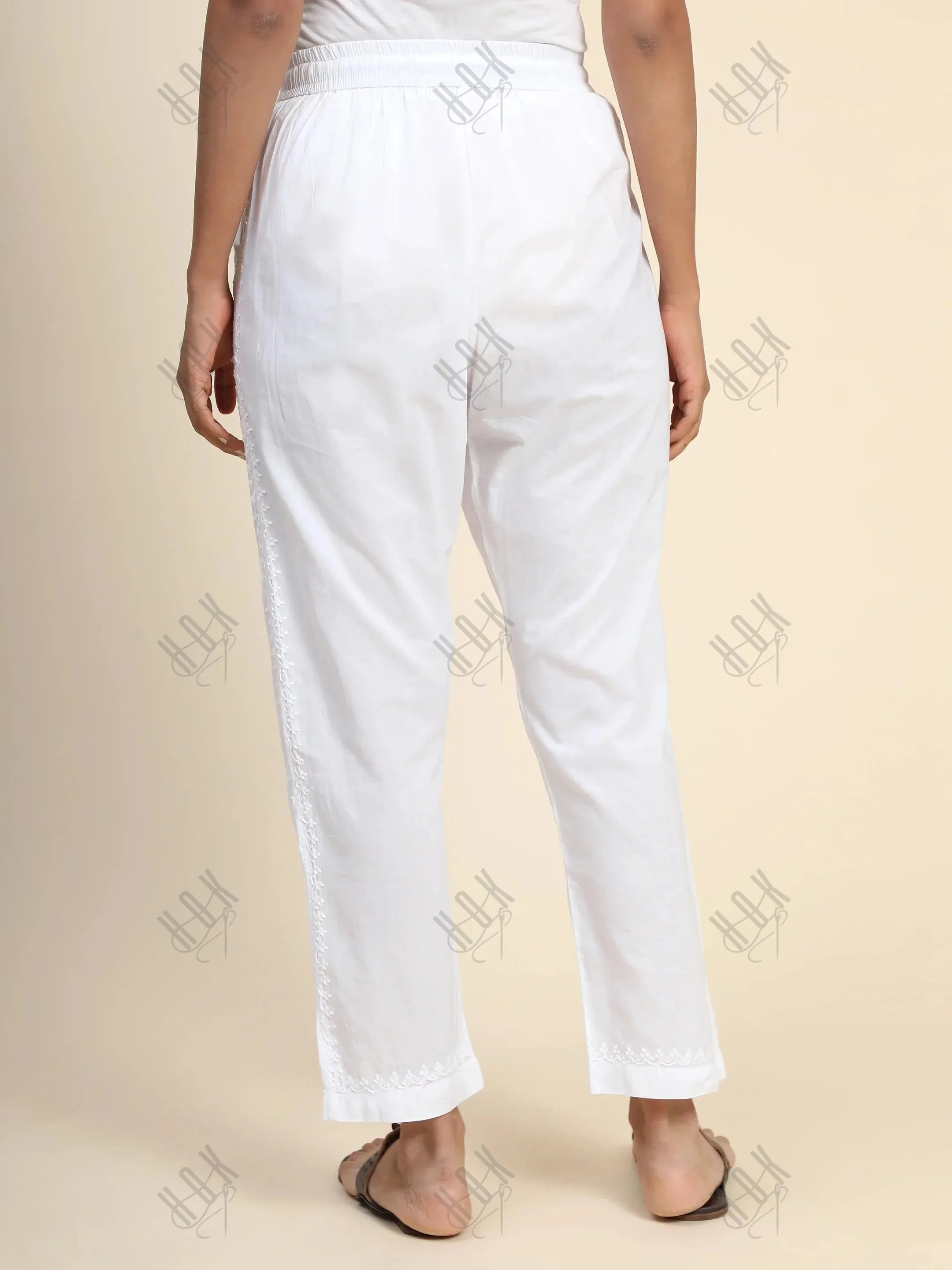 House Of Kari Chikankari Embroidered Cotton White Relaxed Pants Trousers-9