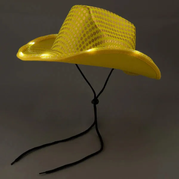 LED Light Up Flashing Cowboy Hats with Sequins - 5 Colors Assorted Pack of 6 Hats