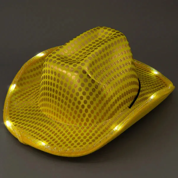 LED Light Up Flashing Cowboy Hats with Sequins - 5 Colors Assorted Pack of 6 Hats