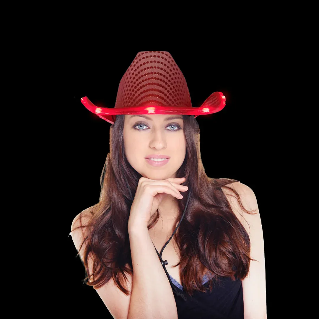 LED Light Up Flashing Cowboy Hats with Sequins - 5 Colors Assorted Pack of 6 Hats