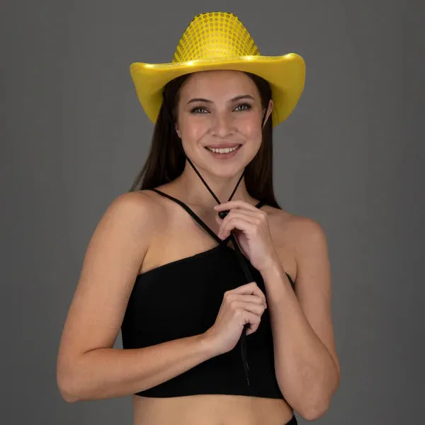 LED Light Up Flashing Cowboy Hats with Sequins - 5 Colors Assorted Pack of 6 Hats