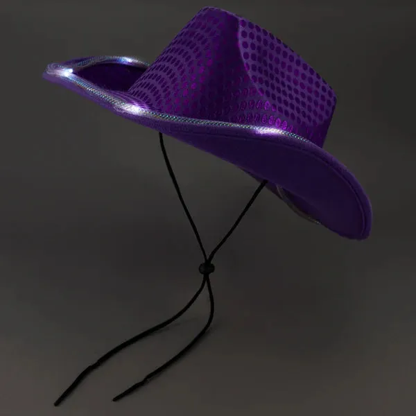 LED Light Up Flashing Cowboy Hats with Sequins - 5 Colors Assorted Pack of 6 Hats
