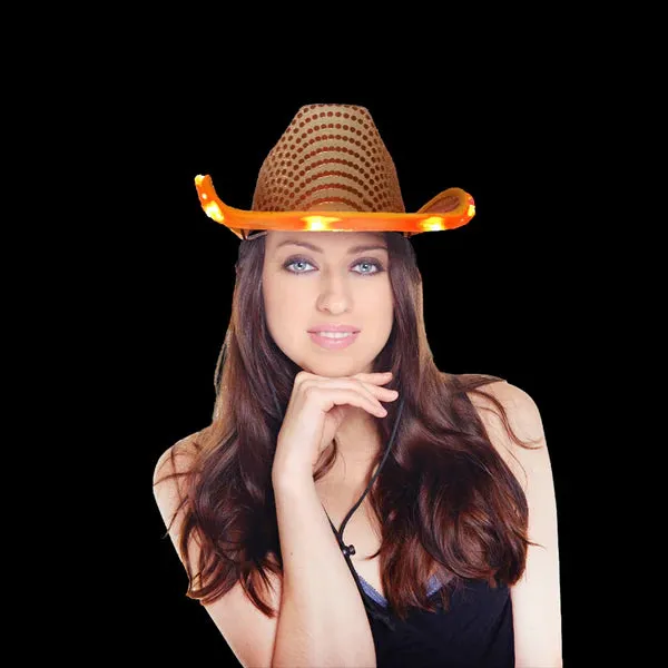 LED Light Up Flashing Cowboy Hats with Sequins - 5 Colors Assorted Pack of 6 Hats