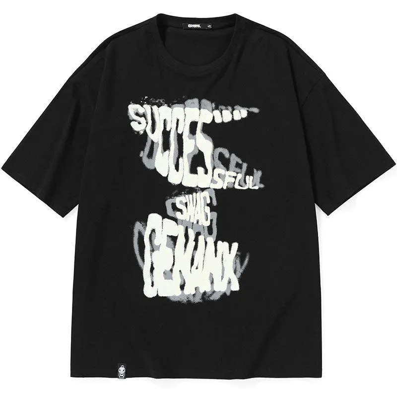 Letter Graffiti Print Round Neck Cotton T-Shirt