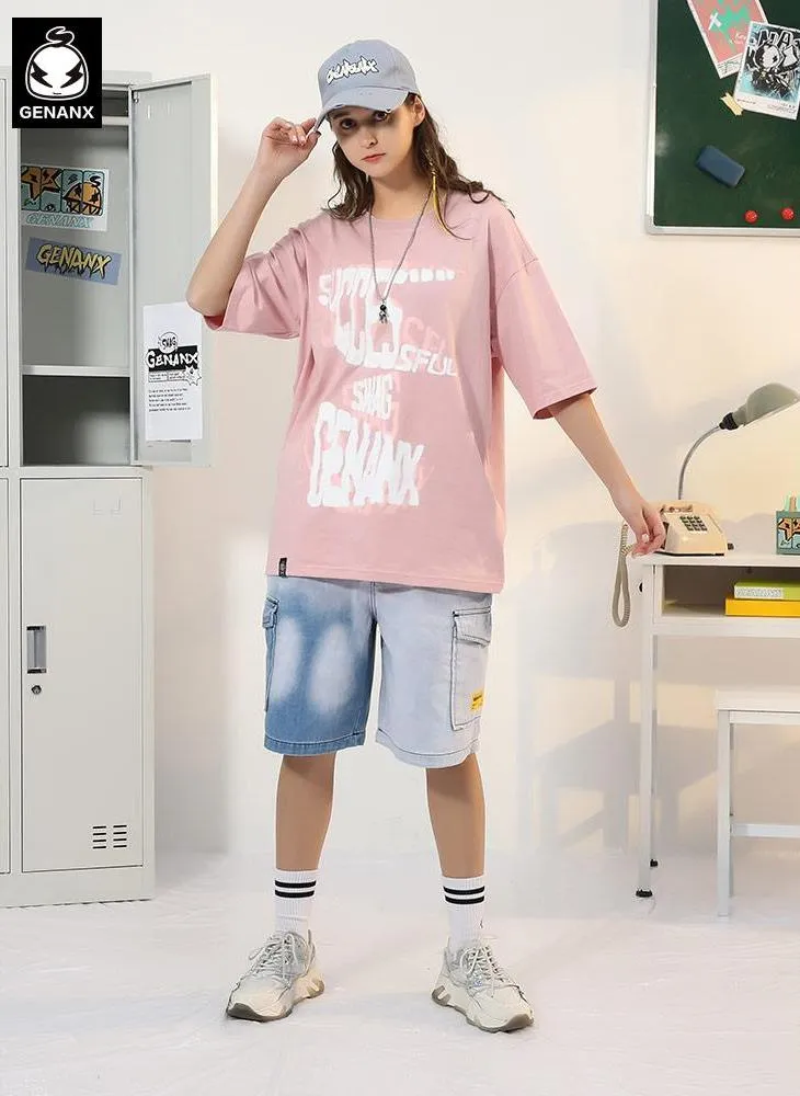 Letter Graffiti Print Round Neck Cotton T-Shirt