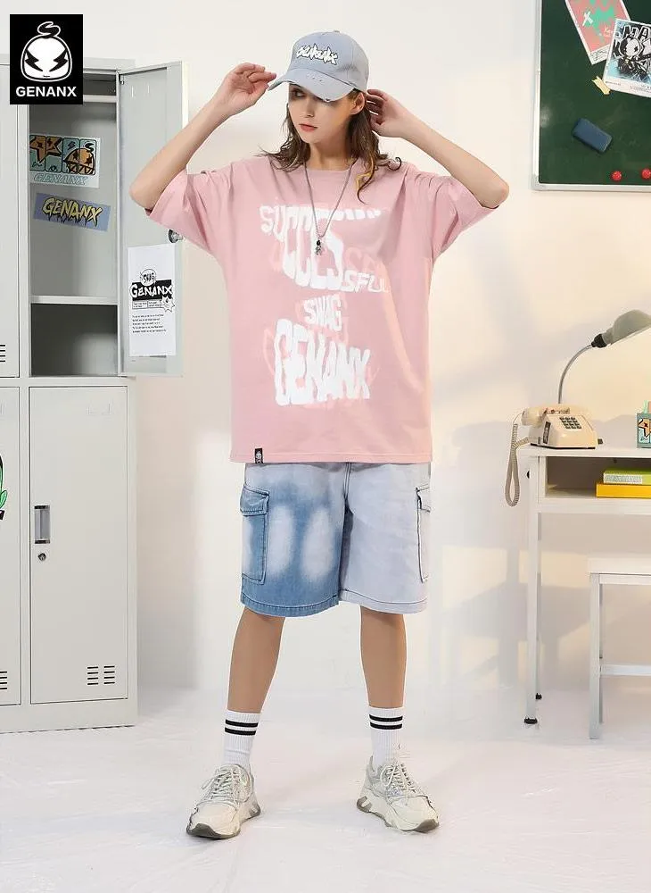 Letter Graffiti Print Round Neck Cotton T-Shirt