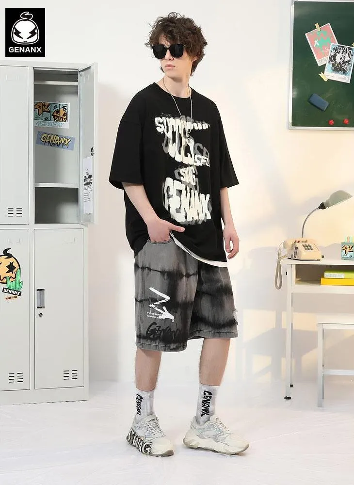 Letter Graffiti Print Round Neck Cotton T-Shirt