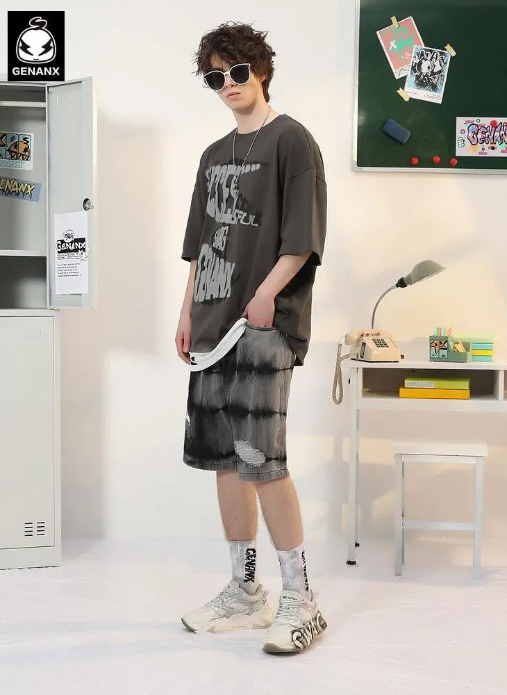 Letter Graffiti Print Round Neck Cotton T-Shirt
