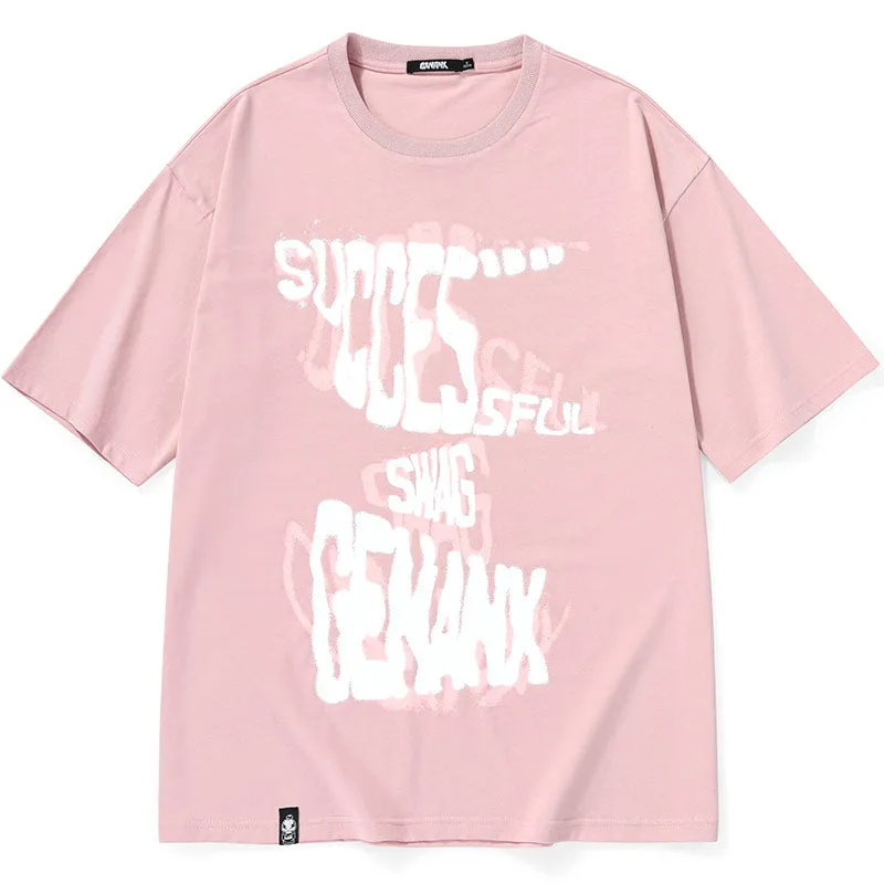 Letter Graffiti Print Round Neck Cotton T-Shirt